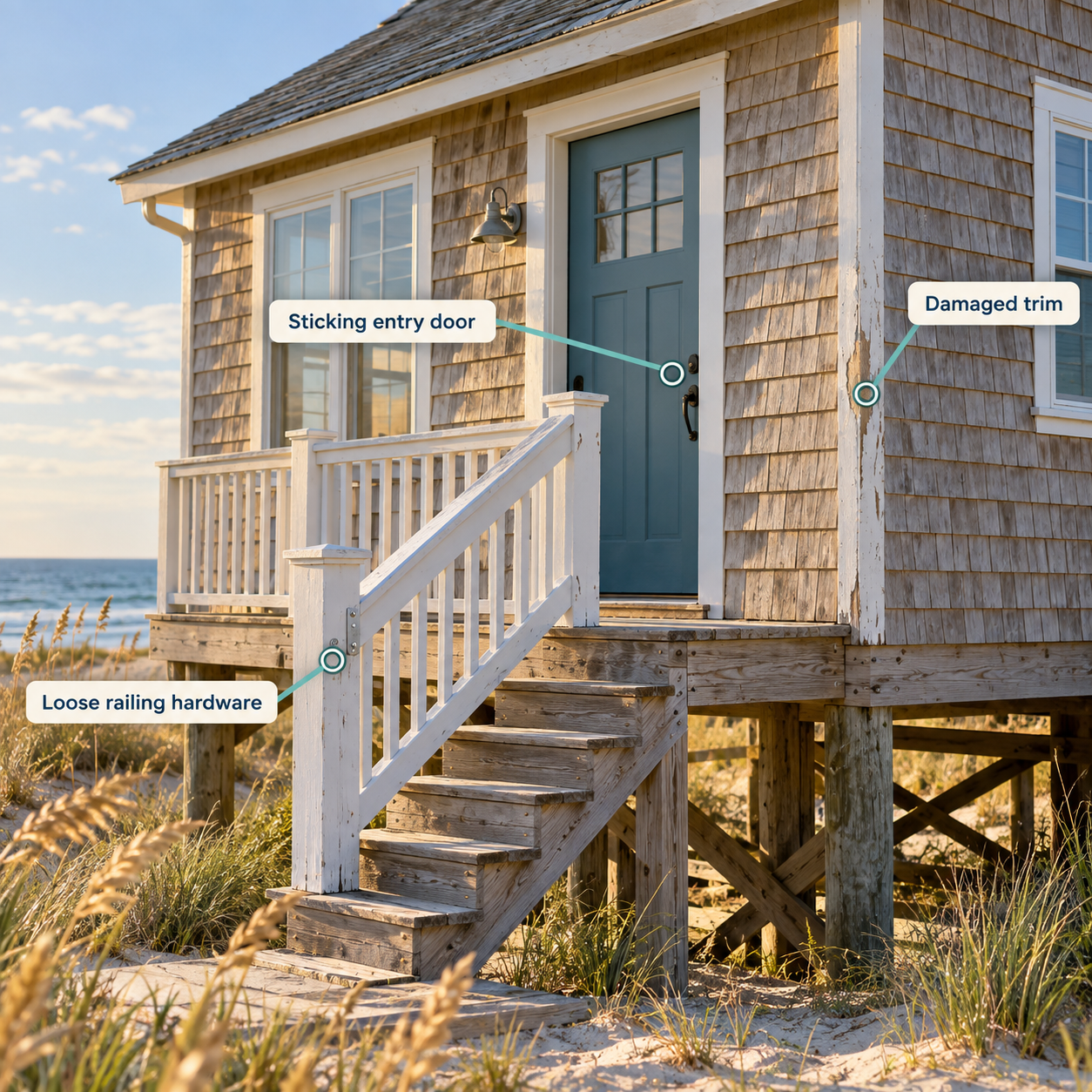 Realistic Outer Banks beach cottage on pilings with illustrated repair callouts identifying loose railing hardware, a sticking entry door, and damaged trim.